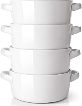 DOWAN Soup Bowls with Handles, 24 Ounces Ceramic Soup Cereal Bowls Set, White French Onion Soup Bowls Oven Microwave Dishwasher Safe, Large Stackable Handled Bowls Set of 4