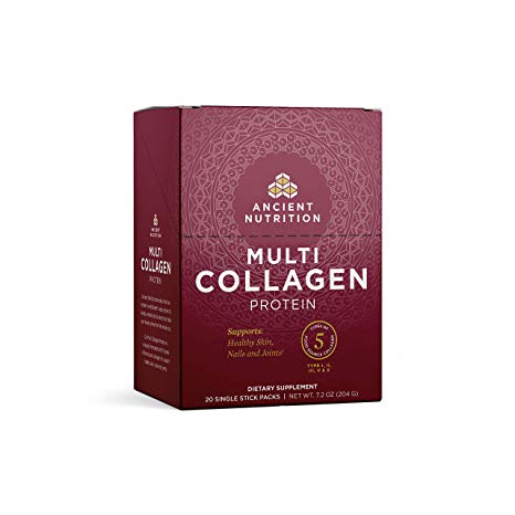 Ancient Nutrition Multi Collagen Protein Powder Stick Packs, Pure, Supplement Supports Skin, Nail,Joint and Gut Health, 5 Types of Food Sourced Collagen, 20 Count