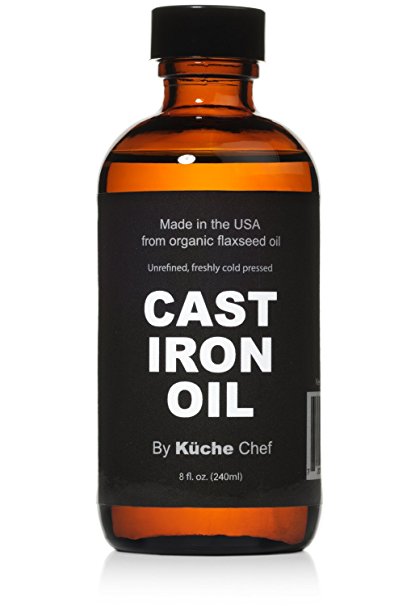 Organic Cast Iron Oil & Cast Iron Conditioner (8 oz) – Made from Flaxseed Oil grown and pressed in the USA – Creates a Non-Stick Seasoning on All Cast Iron Cookware