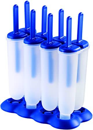 Tovolo Twin Popsicle Molds with Sticks Ice Pop Maker BPA Free Food Safe Dishwasher Safe Great for Homemade Juice Popsicles! Set of 4 makes 8 Pops with Stand!, Blue