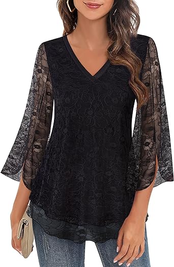 Timeson Women's 3/4 Sleeve Floral Blouses Shirts Double Layers V Neck Dressy Tunics Tops