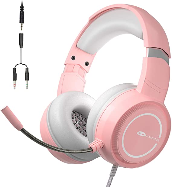 MageGee E6 Gaming Headset, Over-Ear Wired Gaming Headset with Microphone, Adjustable Headband, Volume Control, 3.5mm Jack Gaming Headphone for PS4, PC, Xbox One, Smartphone (Pink)