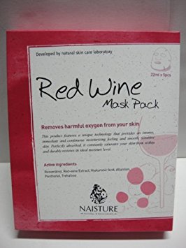 Facial Sheet Mask [NAISTURE] Face Treatment (5 Pack) Pure 100% Cotton, Smooth Moisturizing Revitalizes Skin Damaged by UV Rays and Enhances Clarity, 22mL Made in Korea - Red Wine