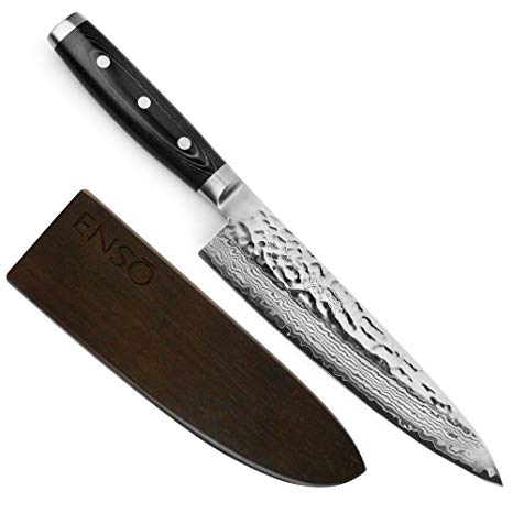 Enso Chef's Knife with Sheath - Made in Japan - HD Series - VG10 Hammered Damascus Stainless Steel Gyuto - 8" Blade with Saya Cover