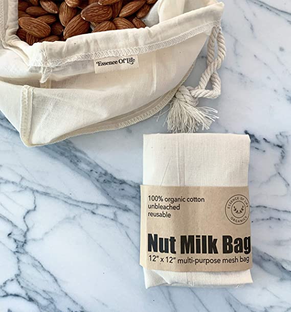 Zero Waste Cloth Reusable Nut Milk Bag/Cold Brew Coffee Filter, 1 of 12" x 12" Multi-Purpose Organic Cotton mesh Bag, Made in Canada