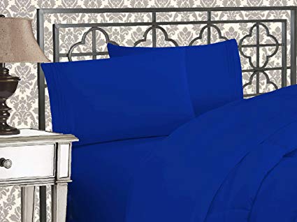 Elegant Comfort Luxurious & Softest 1500 Thread Count Egyptian Three Line Embroidered Softest Premium Hotel Quality 4-Piece Bed Sheet Set, Wrinkle and Fade Resistant, Queen, Royal Blue