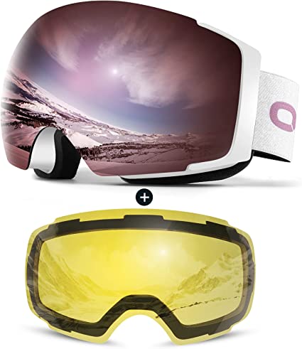 Odoland Magnetic Interchangeable Ski Goggles with 2 Lens, Large Spherical Frameless Snow Snowboard Goggles for Men Women