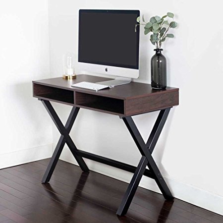 Nathan James 51001 Kalos Home Office Computer Desk Or Console Table, For Small Spaces, Rustic Espresso Brown and Black Wood