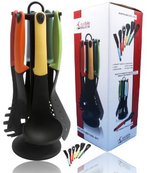 Utensils Set, 7-piece Nylon Cooking & Serving Kitchen Tools inc. Organizing 360° Rotating Carousel Stand, FREE From Mess Design - Spatula, Turner, Ladle, Spaghetti Server, Slotted & Solid Spoon