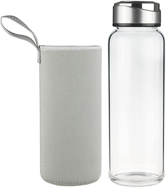 SHBRIFA Borosilicate Glass Water Bottle 1500ml / 1.5 litre, BPA Free Glass Drinking Bottle with Neoprene Sleeve and Leak-Proof Stainless Steel Lid(1000ml Gray)