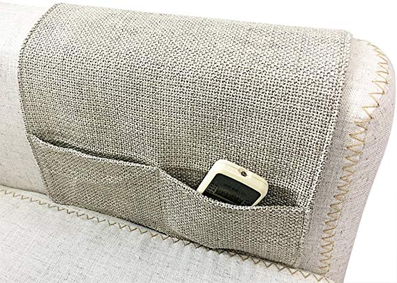 Greenery-GRE 4 Pockets Sofa Armrest Organizer Couch Chair Double Sided Waterproof Caddy Organiser TV Remote Control Magazine Book Newspaper Phone Holder Storage Bag (Cream Grey, Cotton Linen)