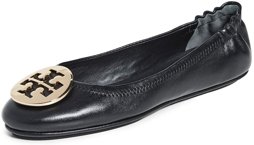 Tory Burch Woman's Minnie Travel Black and Gold Nappa Flat Shoes. 38() - 8(US) Black