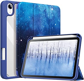 MoKo Case Fit New iPad Mini 6 Case with Pencil Holder (6th Generation 8.3" 2021), Soft TPU Frame Hard PC Clear Transparent Back Shell Smart Cover for iPad Mini 6 2021, Auto Wake/Sleep, Blue Sky Star