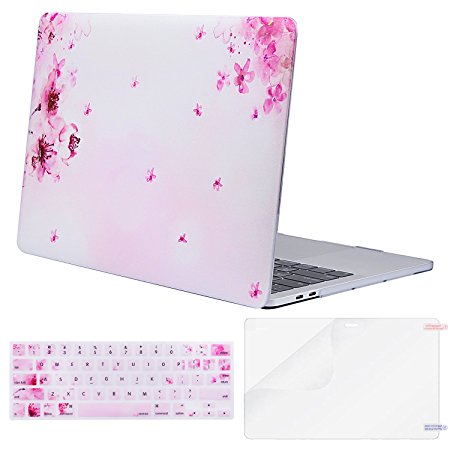 Mosiso MacBook Pro 13 Case 2017 & 2016 Release A1706 / A1708, Plastic Pattern Hard Case Shell with Keyboard Cover with Screen Protector for Newest MacBook Pro 13 Inch, Pink Sakura on White Base