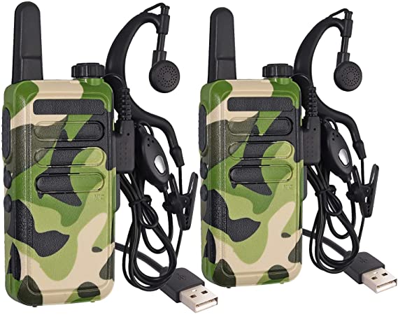 eSynic 2 Pack Walkie Talkies Rechargeable Long Range 2 Way Radios with Earpieces 16 CH FRS USB Charging Walkie Talkie Without License with 2 Li-ion Battery/USB Cable/Belt Clip/Sling