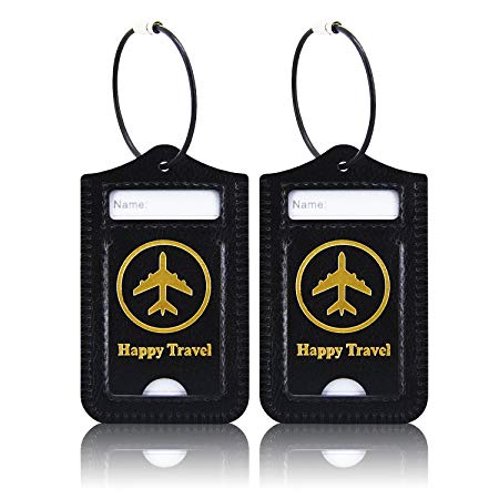 Luggage Tags, ACdream Leather Case Luggage Bag Tags Travel Tags 2 Pieces Set, Black