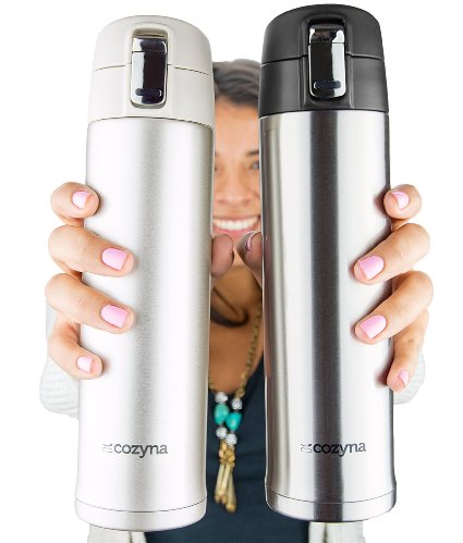 Insulated Travel Mug for Coffee And Tea by Cozyna, Stainless Steel, 16 oz, Silver and Cream