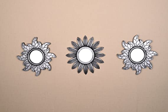 All American Collection New Seperated 3 Piece Decorative Mirror Set, Wall Accent Display (Silver Flower and Sun)