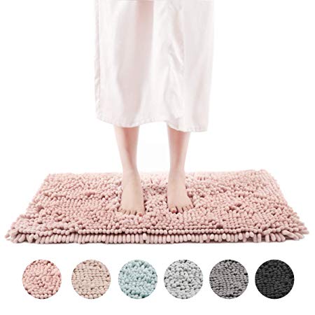 Freshmint Chenille Bath Rugs Extra Soft and Absorbent Microfiber Shag Rug, Non-Slip Runner Carpet for Tub Bathroom Shower Mat, Machine-Washable Durable Thick Area Rugs (20" x 32", Pink)