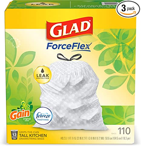 Glad ForceFlex Tall Kitchen Drawstring Trash Bags – 13 Gallon White Trash Bag, Gain Original scent with Febreze Freshness – 110 Count (Package May Vary)