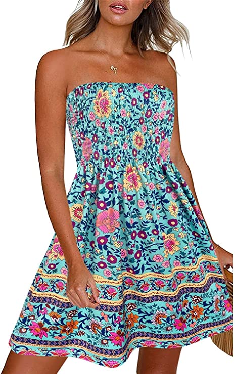 CHICGAL Summer Dresses for Women Beach Cover Ups Strapless Boho Floral Print Sundress