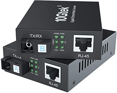 10Gtek Gigabit Ethernet Media Converter, a Pair of Bi-Directional Single Mode SC Fiber Converter, 1000Base-LX to 10/100/1000Base-Tx, up to 20km