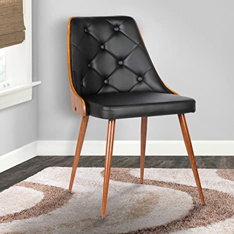 Armen Living Lily Dining Chair in Black Faux Leather and Walnut Wood Finish