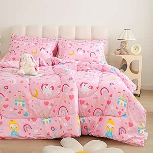 Viviland Girls Twin Comforter with Sheet Set - Kids Brushed Microfiber Twin Bedding Set - 5 Pieces Machine Washable Bed in A Bag, Sheet Set, Shams - Pink Unicorn Princess Rainbow