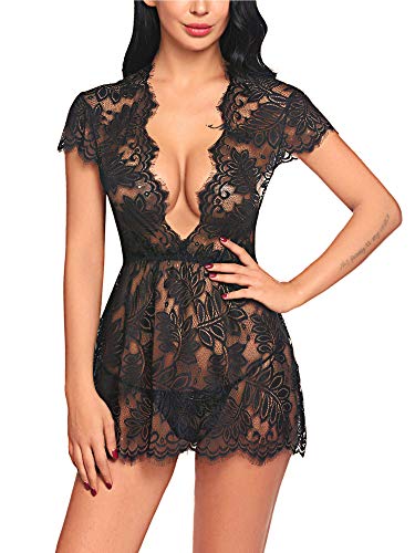 ELOVER Women Lingerie Plunging V Neck Eyelash Lace Babydoll Mini Sleepwear Nightgown