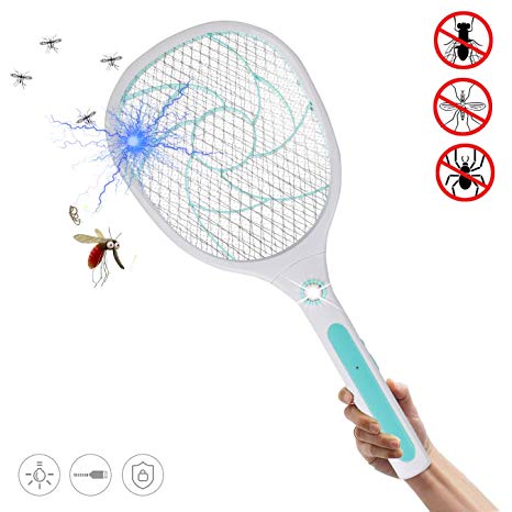 Bug Zapper Racket, Electric Fly Swatter, Fly Swatter/Killer and Bug Zapper Racket - 2800 Volt USB Charging, Super-Bright LED Light to Zap in the Dark, Unique 3-Layer Safety Mesh Safe (Light Blue)