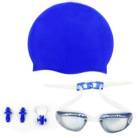 VENNOBIA Kids Swim Goggles with Cap, Nose Clip and Ear Plugs for Children and Early Teens from 3 to 13 Years Old - No Leaking - Anti-Fog - Shatterproof - UV Protection