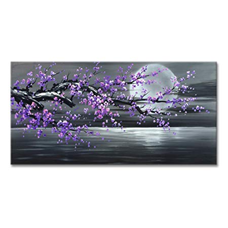 Konda Art Framed Hand Painted Modern Abstract Painting Cheery Blossom Purple Flower Canvas Art For Wall Decoration Stretched (Framed 60" W x 30" H)