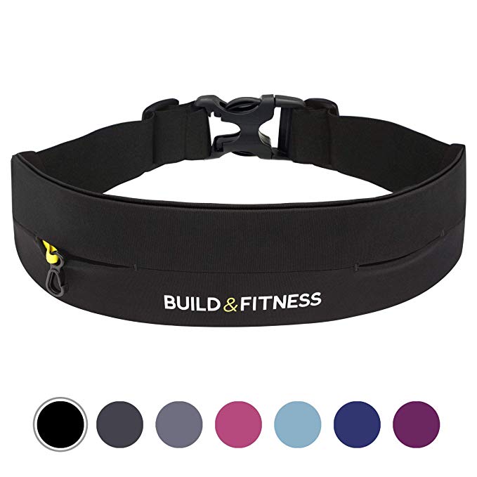 Running Belt | Build & Fitness. Adjustable Waist, Comfortable, Light, Secure with Key Clip. Fits all phones, iPhone 6,7,8plus,X, Samsung S8,S9,S10. For Men, Women, Runners, Jogging, Gym, Yoga, Workout