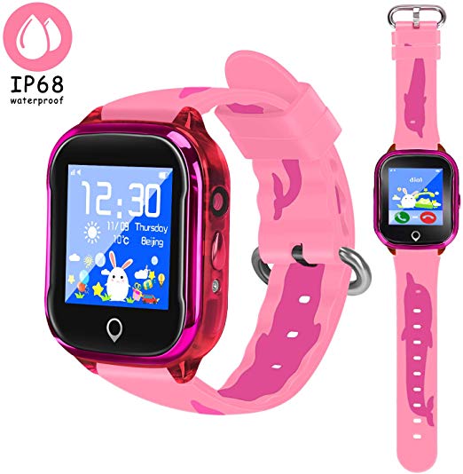 LJRYCQSSZSF 2019 Newest Kids Smart GPS Phone Watch IP68 Waterproof Camera Micro Chat Clock Alarm SOS LBS Tracking Gizmo Game Smart Watch Boys Girls with 1.44 Inch Birthday Boys Girls(Pink)