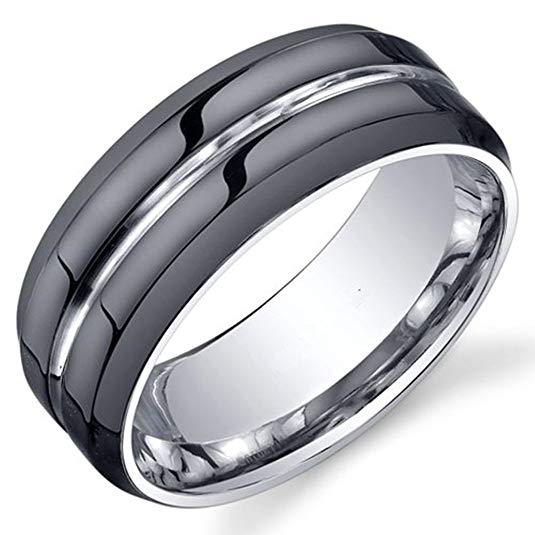 King Will Classic Mens 8mm Black Mens Tungsten Ring Wedding Band Grooved Center Polished Wedding Band