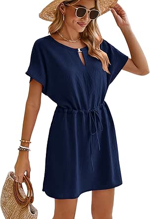 Bluetime Women Casual Summer Swimsuit Coverup Bikini Beachwear Coverups Flowy Short Sleeve Mini Beach Dress