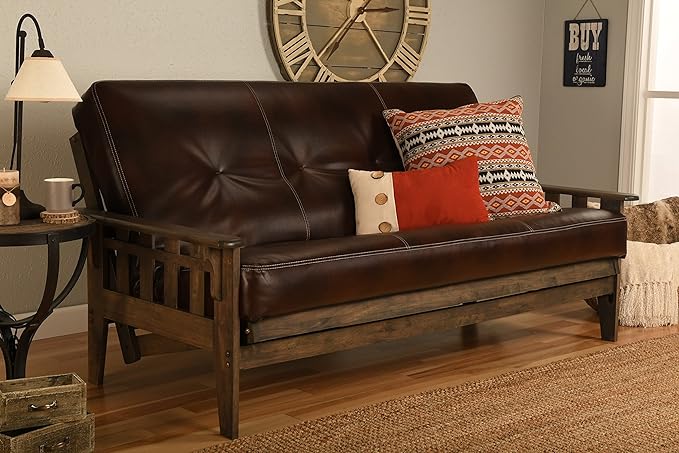 Jerry Sales Tucson Rustic Walnut Frame and Mattress Set with Choice to add Drawers, 8 Inch Innerspring Futon Sofa Bed Full Size Wood (Leather Cappuccino Matt and Frame (No Drawers))