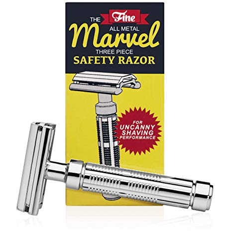 Mr Fine Marvel Double Edge Nostalgic Safety Razor For Men - Single Blade With Chrome Metal Handle - Safety Razors For Wet Shaving