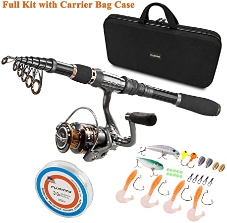 PLUSINNO Telescopic Fishing Rod and Reel Combos Full Kit, Spinning Fishing Gear Organizer Pole Sets with Line Lures Hooks Reel and Fishing Carrier Bag Case Accessories