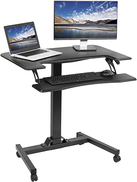 VIVO Black Pneumatic Mobile 36 inch Height Adjustable Two Platform Standing Desk with Wheels | Dual Tiered Rolling Small Space Workstation (DESK-V111GT)