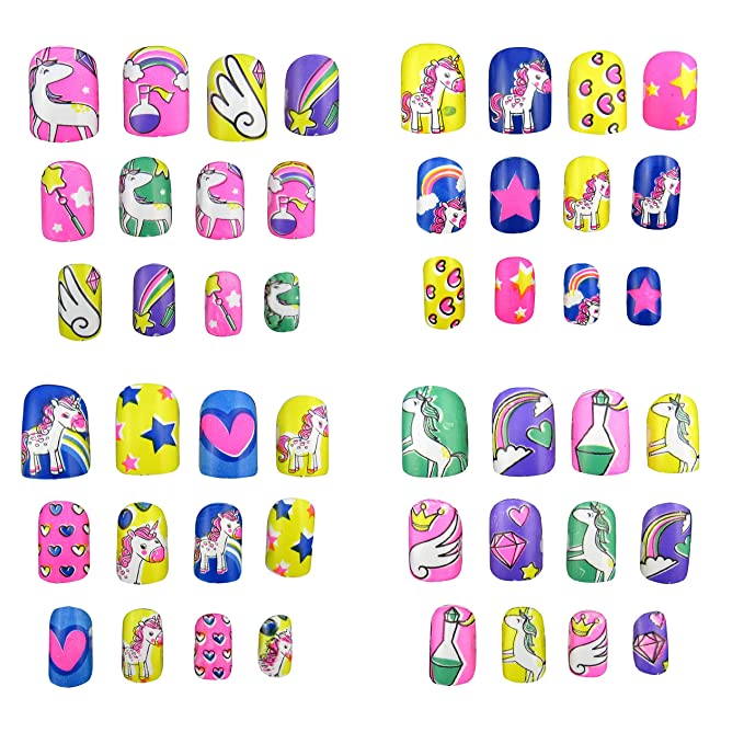 JPACO 4 PACK Unicorn False Nails with Glue (48 Pieces Total) - Fake, Press On, Manicure Decal Wraps Nails for Little Girls, Christmas Gifts