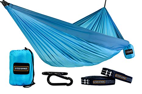 OUTDOOR ANYWHERE Double Camping Hammock - 15 Loop 9 FT Adjustable Suspension Tree Straps - Lightweight 210T Nylon Hammock for Backpacking - Extra Large 111" (L) x 73" (W) - Supports up to 600 lbs