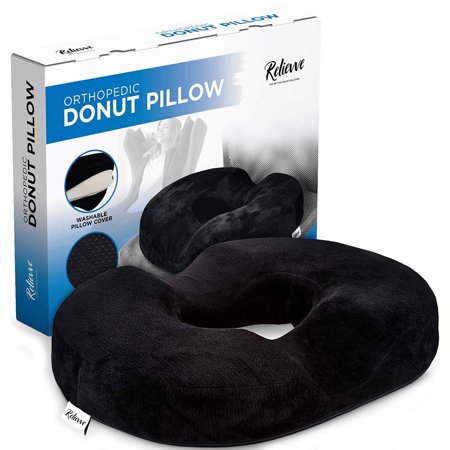 RELIEVVE Donut Pillow Pain Relief Cushion Tailbone Pillow for Hemmoroid Treatment, Prostate, Bed Sores, Pregnancy, Post Natal & More. Ultra Comfort Memory Foam.