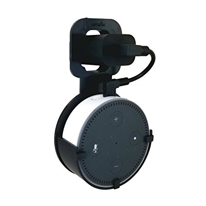 The Spot Outlet Wall Mount Hanger Stand - No Messy Wires or Screws - Multiple Colors - the Ultimate Holder Case for Round Dot Puck Speakers - Great for Kitchens and Bathrooms by Mount Genie (Black)