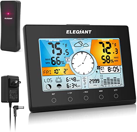 ELEGIANT Wireless Weather Station, Digital Indoor Outdoor Thermometer Hygrometer Monitor with Sensor, Automatic Time(WWVB), LCD Color Screen, Weather Forecast, Alarm Clock/Snooze, 4 Level Backlight