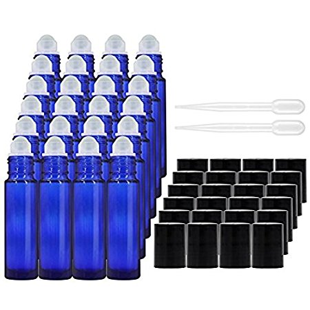 Glass Roller Bottles - 10ml, 24, Cobalt Blue by Proteove, Plastic Smoothly Rolling Balls and 2pc 1ml Droppers Included