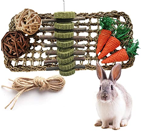 kathson Rabbit Activity Zone Bunny Chew Toy for Teeth Grinding Rabbit Toys Small Animal Play Ball Carrot Toy Natural Seagrass Protector Mat for Chinchilla Guinea Pigs or Other Rodent Pets