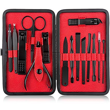 Manicure Set 15 in 1 Professional Stainless Steel Pedicure Set Nail Clipper Set Travel Grooming Kit with Black Leather Case for Women Men - Black/Red