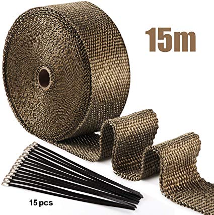 ilauke 15M*5CM Exhaust Wrap Roll Titanium for Motorcycle Heat Shield Tape   15Pcs Stainless Ties