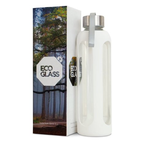 ECO GLASS Water Bottle - Made from 100 Genuine Eco Glass - Amazons ONLY Bottle With Pure White Color Protective Silicone Sleeve - Reusable and Leakproof - Dishwasher and Microwave Safe - Premium Quality 20 Oz Eco Friendly and Heat Resistant Borosilicate BPA Free Glass - Perfect for Moms with Kids - Office - Car - Fitness - Camping - Kitchen Great Packaging Perfect Gift